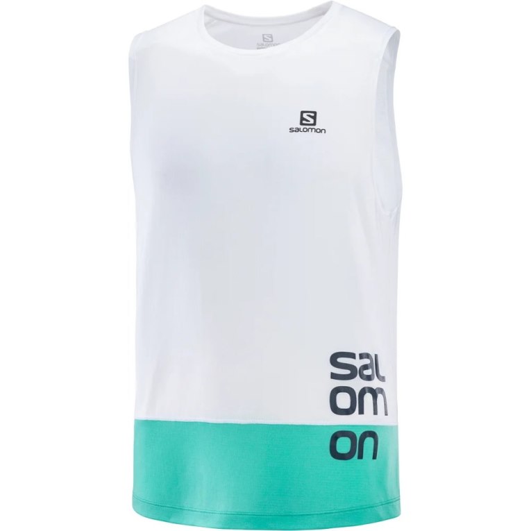 White / Turquoise Salomon Cross Run Graphic Men's Tanks | PH 26145S